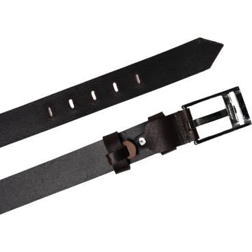Handmade dark brown leather belt rectangular buckle with flat pin