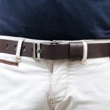 Handmade dark brown leather belt rectangular buckle with flat pin
