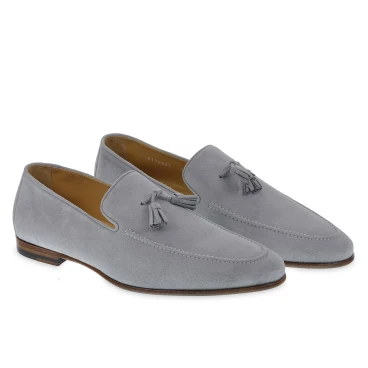 Gray suede tassel loafer handmade by Fratelli Borgioli