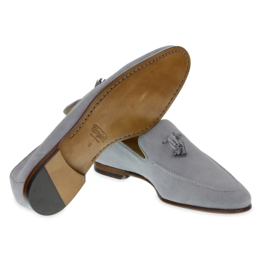 Gray suede tassel loafer handmade by Fratelli Borgioli