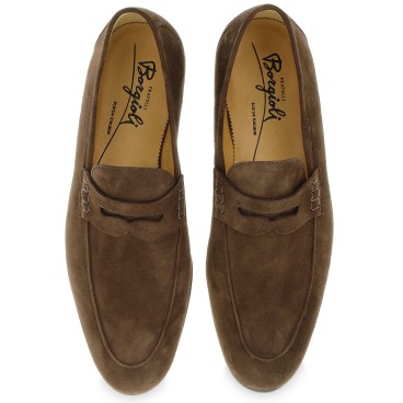 Brown suede penny loafers handmade by Fratelli Borgioli