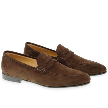 Brown suede penny loafers handmade by Fratelli Borgioli