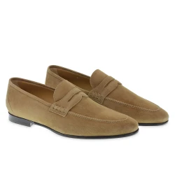 Mocassino penny in camoscio beige realizzato a mano da Fratelli Borgioli
