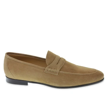Mocassino penny in camoscio beige realizzato a mano da Fratelli Borgioli
