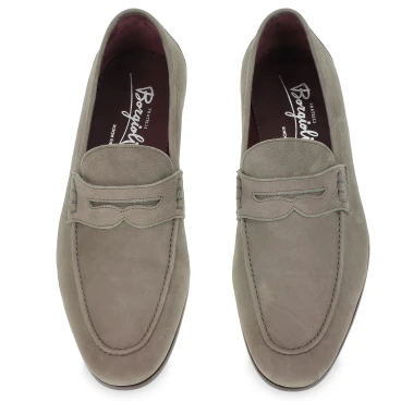 Penny loafer in gray nubuck leather handmade by Fratelli Borgioli
