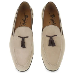 Tassels loafers in beige suede leather handmade by Fratelli Borgioli