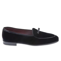 Mocassin belge en velours bleu foncé et cuir verni fait main par Fratelli Borgioli
