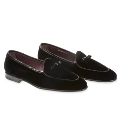 Mocassin belge en velours noir et cuir verni fait main par Fratelli Borgioli