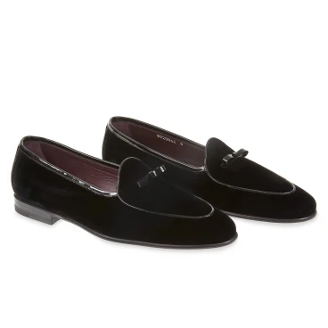 Mocassin belge en velours noir et cuir verni fait main par Fratelli Borgioli