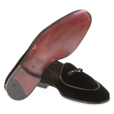 Mocassin belge en velours noir et cuir verni fait main par Fratelli Borgioli