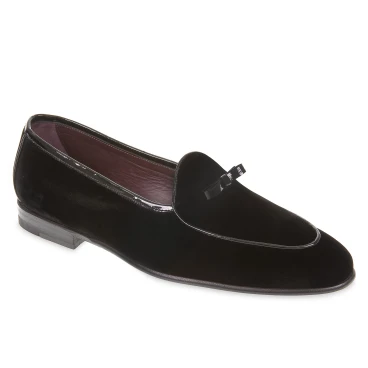 Mocassin belge en velours noir et cuir verni fait main par Fratelli Borgioli
