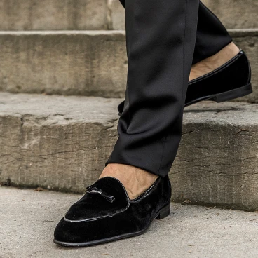 Mocassin belge en velours noir et cuir verni fait main par Fratelli Borgioli