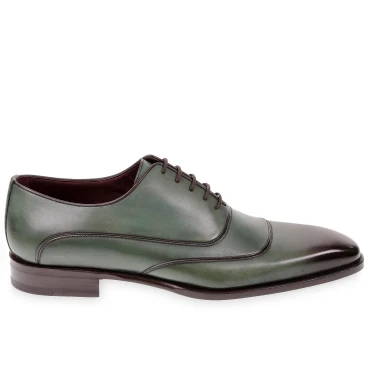 Chaussures richelieu pour hommes en cuir vert teint à la main par Fratelli Borgioli