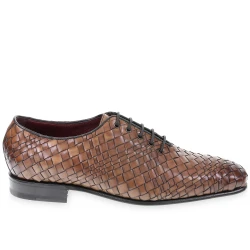 Oxford-Schuhe aus braunem Leder, gewebt und handgefärbt von Fratelli Borgioli