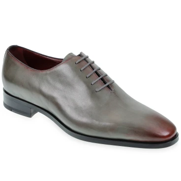 Richelieu pour hommes en cuir gris teint à la main avec des nuances bordeaux
