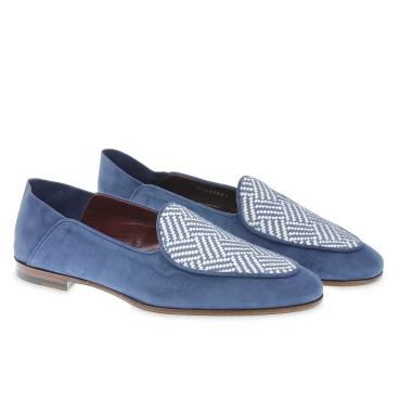 Mocassin belge en daim bleu clair et tissu tissé fait main