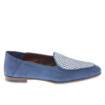 Mocassin belge en daim bleu clair et tissu tissé fait main