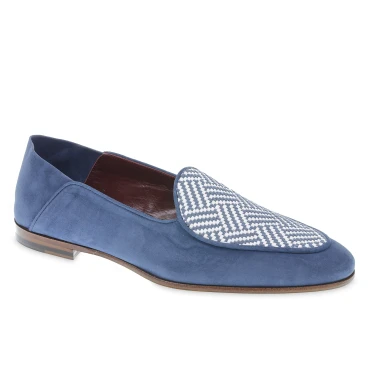 Mocassin belge en daim bleu clair et tissu tissé fait main