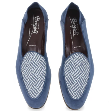 Mocassin belge en daim bleu clair et tissu tissé fait main