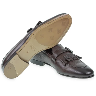 Fringe loafers in soft dark brown leather handmade by Fratelli Borgioli