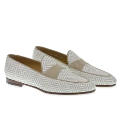 Mocassin Penny en daim et tissu tressé blanc et beige