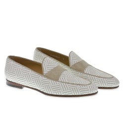 Penny loafer in white and beige suede and woven fabric