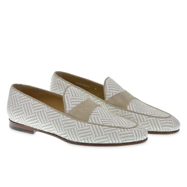 Mocassino penny in camoscio e tessuto intrecciato bianco e beige
