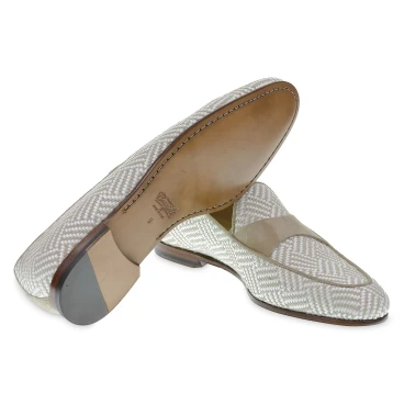 Mocassino penny in camoscio e tessuto intrecciato bianco e beige