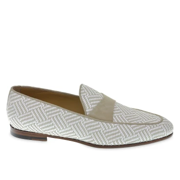 Mocassino penny in camoscio e tessuto intrecciato bianco e beige