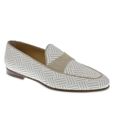 Mocassino penny in camoscio e tessuto intrecciato bianco e beige