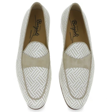 Mocassino penny in camoscio e tessuto intrecciato bianco e beige