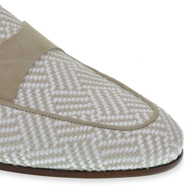 Mocassino penny in camoscio e tessuto intrecciato bianco e beige
