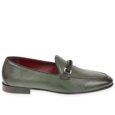 Mocassin homme en cuir vert avec boucle tressée