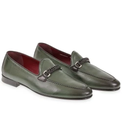 Mocassin homme en cuir vert avec boucle tressée