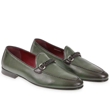 Mocassin homme en cuir vert avec boucle tressée