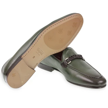 Mocassin homme en cuir vert avec boucle tressée
