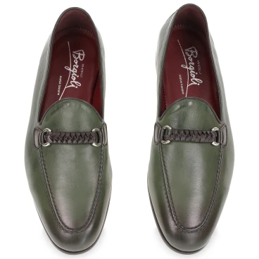 Mocassin homme en cuir vert avec boucle tressée