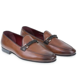 Men's loafers in brown leather with hand woven bit