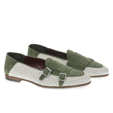 Double buckle moccasin in green suede and woven fabric - Fratelli Borgioli