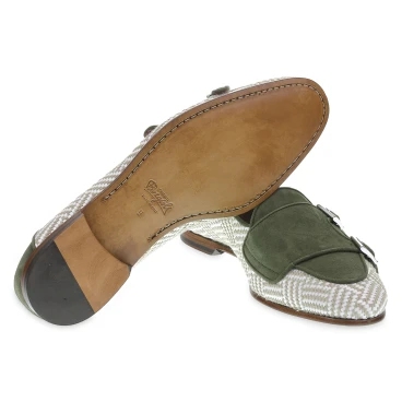 Double buckle moccasin in green suede and woven fabric - Fratelli Borgioli