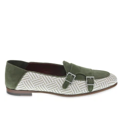 Mocassin double boucle en daim vert et tissu tressé - Fratelli Borgioli