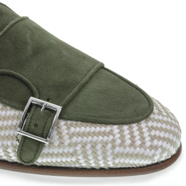 Double buckle moccasin in green suede and woven fabric - Fratelli Borgioli