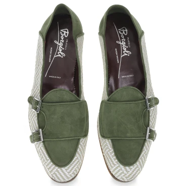 Double buckle moccasin in green suede and woven fabric - Fratelli Borgioli