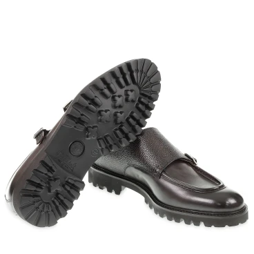 Mocassin double boucle en veau vieilli ébène fait main par Fratelli Borgioli
