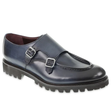 Mocassin double boucle en cuir de veau vieilli bleu fait main par Fratelli Borgioli