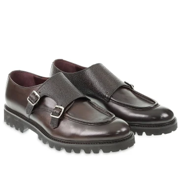 Mocassin double boucle en veau vieilli ébène fait main par Fratelli Borgioli