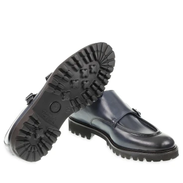 Mocassin double boucle en cuir de veau vieilli bleu fait main par Fratelli Borgioli