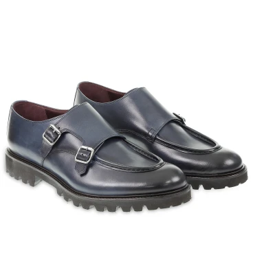 Mocassin double boucle en cuir de veau vieilli bleu fait main par Fratelli Borgioli