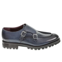 Mocassin double boucle en cuir de veau vieilli bleu fait main par Fratelli Borgioli