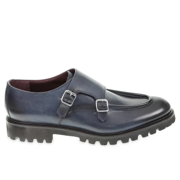 Mocassin double boucle en cuir de veau vieilli bleu fait main par Fratelli Borgioli